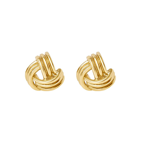 Pair of gold knot earrings on a white background
