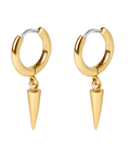 Gold hoop earrings with cone-shaped drops on a white background