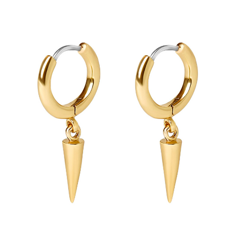 Gold hoop earrings with cone-shaped drops on a white background