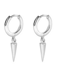 Silver hoop earrings with cone-shaped charms on a white background
