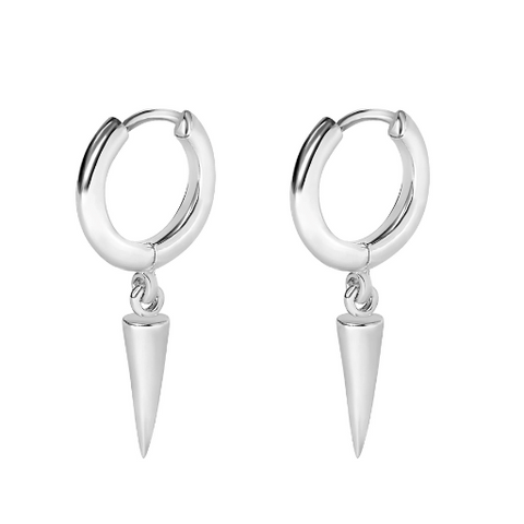 Silver hoop earrings with cone-shaped charms on a white background