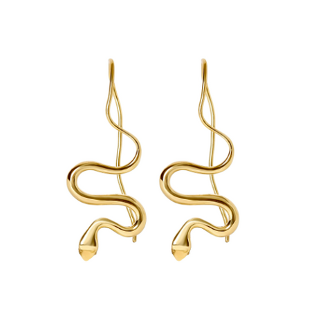 Gold snake-shaped earrings on a white background