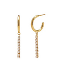 Gold hoop earrings with diamond drop pendants on a white background