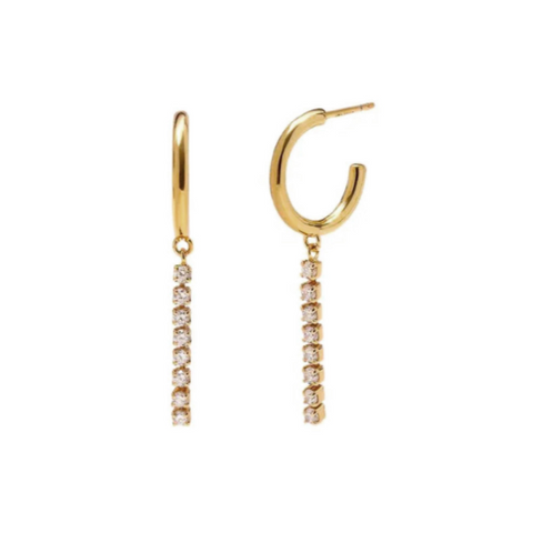 Gold hoop earrings with diamond drop pendants on a white background