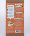 Back view of a product packaging with text and graphics on an orange background