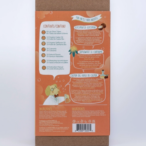 Back view of a product packaging with text and graphics on an orange background
