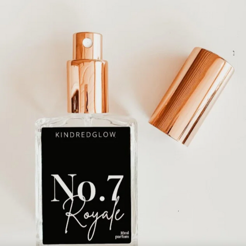 Perfume bottle labeled 'No. 7 Royale' by Kindred Glow on a light background