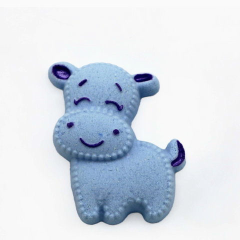 Blue hippo toy with purple accents on a white background