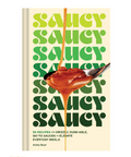 Book cover of 'Saucy' with a spoonful of sauce on a white background