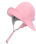 Pink baby sun hat with a strap on a white background