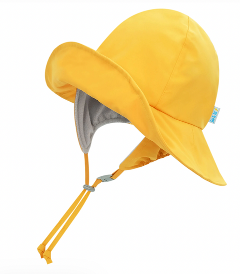 Yellow rain hat with a gray interior on a white background