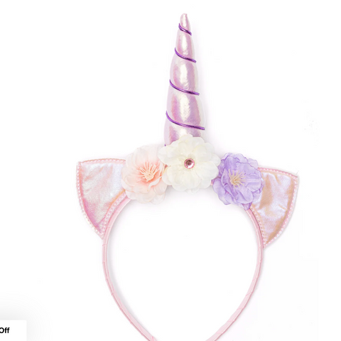 Unicorn headband with floral decorations on a white background