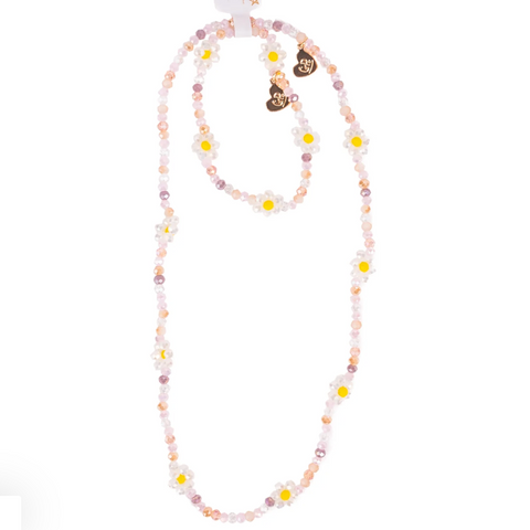 Beaded necklace with small flowers on a white background
