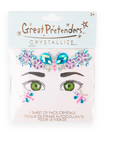 Packaging of Great Pretenders face crystals with a face illustration on a white background.