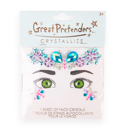 Packaging of Great Pretenders face crystals with a face illustration on a white background.