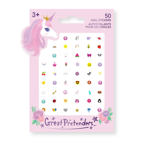 Pack of nail stickers with a unicorn design on the packaging, featuring the brand 'Great Pretenders'.