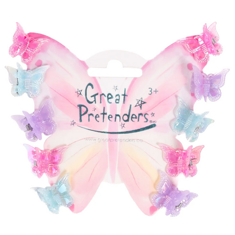 Set of butterfly hair clips with 'Great Pretenders' branding on a white background