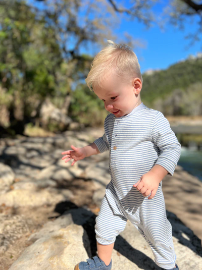 ME & HENRY -NIOTA HENLEY ROMPER | CHINA/GREY STRIPE