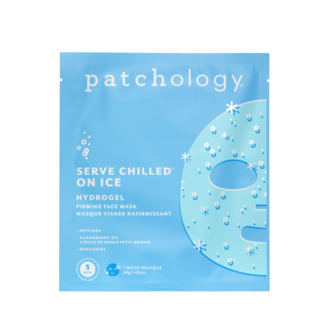 Patchology hydrogel mask packaging on a white background