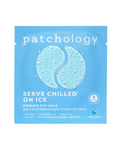 Patchology packaging with blue design and text on a white background