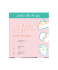 Patchology Pepped & Ready peptide skincare kit packaging on a white background