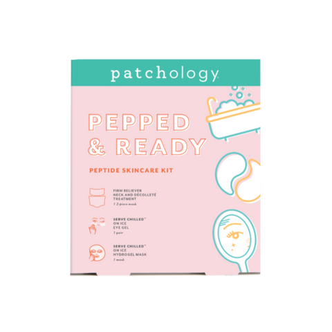 Patchology Pepped & Ready peptide skincare kit packaging on a white background