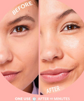 Woman applying a skincare product to her face with a purple background