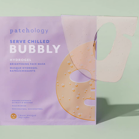 Patchology hydrogel face mask packaging on a light green background
