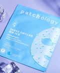 Patchology hydrogel face mask packaging on a purple background with ice cubes.
