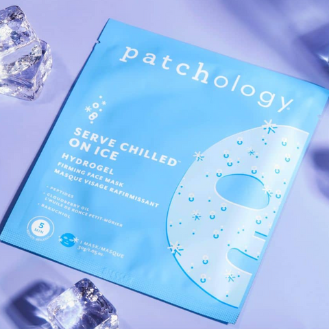 Patchology hydrogel face mask packaging on a purple background with ice cubes.