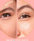 Before and after comparison of a person's eye area with a pink background.