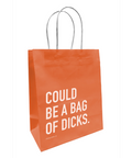 Orange paper bag with white text on a white background