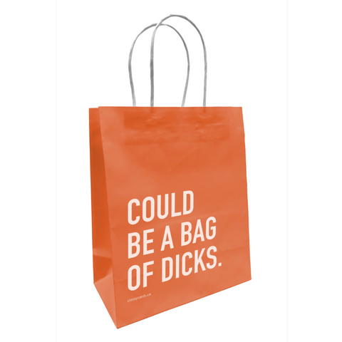 Orange paper bag with white text on a white background
