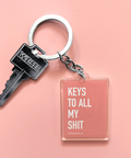 Keychain with a key and a square tag reading 'Keys to all my shit' on a pink background