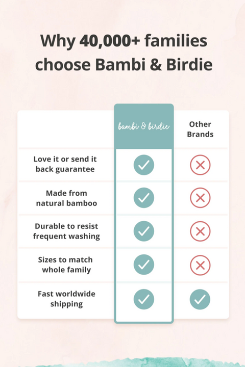 Comparison chart of Bambi & Birdie products versus other brands on a light pink background.