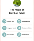 Promotional graphic about the benefits of bamboo fabric with icons and text on a light pink background.