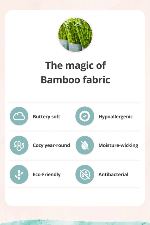 Promotional graphic about the benefits of bamboo fabric with icons and text on a light pink background.