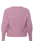 Pink cardigan on a website page with product images and text.