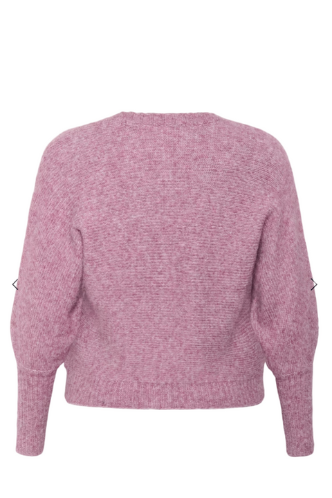 Pink cardigan on a website page with product images and text.