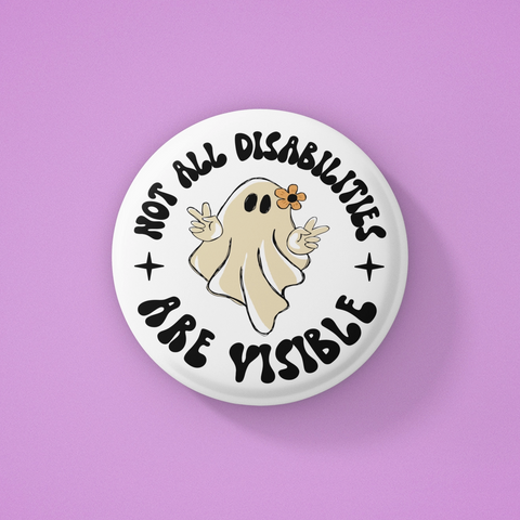 Button badge with ghost illustration and text 'Not all disabilities are visible' on a purple background