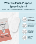 Naturebee multi-purpose spray tablets with product packaging and benefits listed on a light blue background.