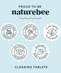 Naturebee cleaning tablets with certification badges on a light blue background