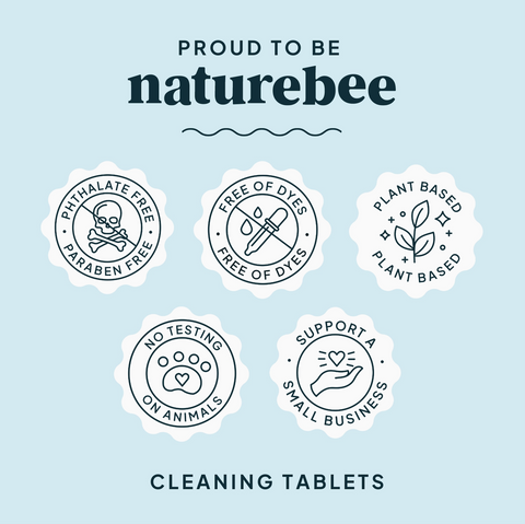 Naturebee cleaning tablets with certification badges on a light blue background