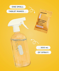 Spray bottle with a multi-purpose spray tablet on a yellow background