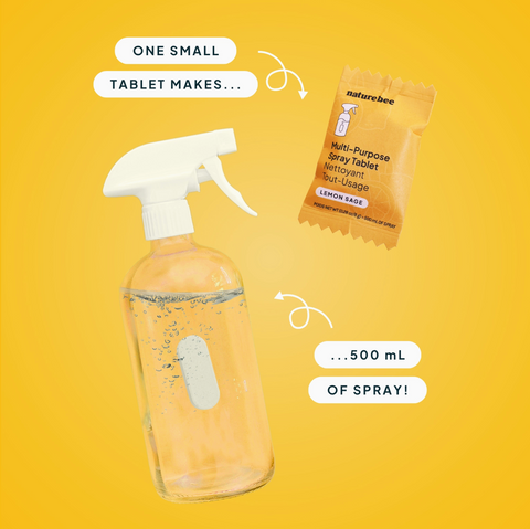 Spray bottle with a multi-purpose spray tablet on a yellow background