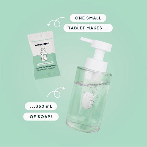 Hand soap tablet packaging with a pump bottle on a light green background