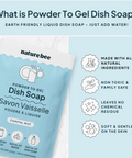 Naturebee powder to gel dish soap packaging with product features listed on a light blue background