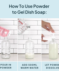 Step-by-step guide on how to use powder to gel dish soap with a tiled kitchen background.