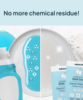 Cleaning products with 'No more chemical residue!' text on a light blue background