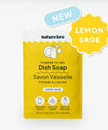 Yellow package of naturebee dish soap with lemon sage scent on a white background